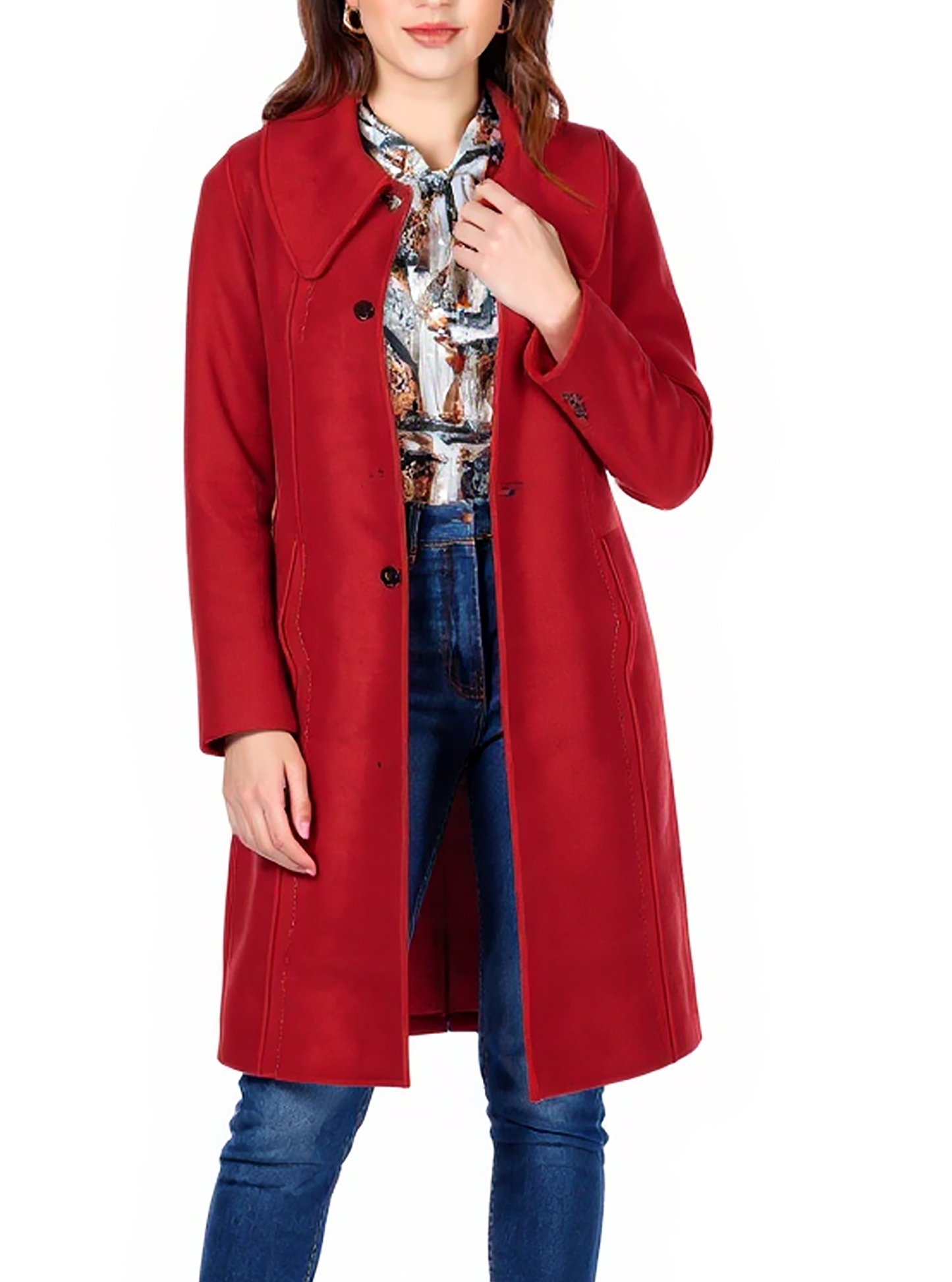 Chic Red Wool Blend Overcoat – Winter Essential Tailored Fit with Classic Notch Collar | 25T35T5Q
