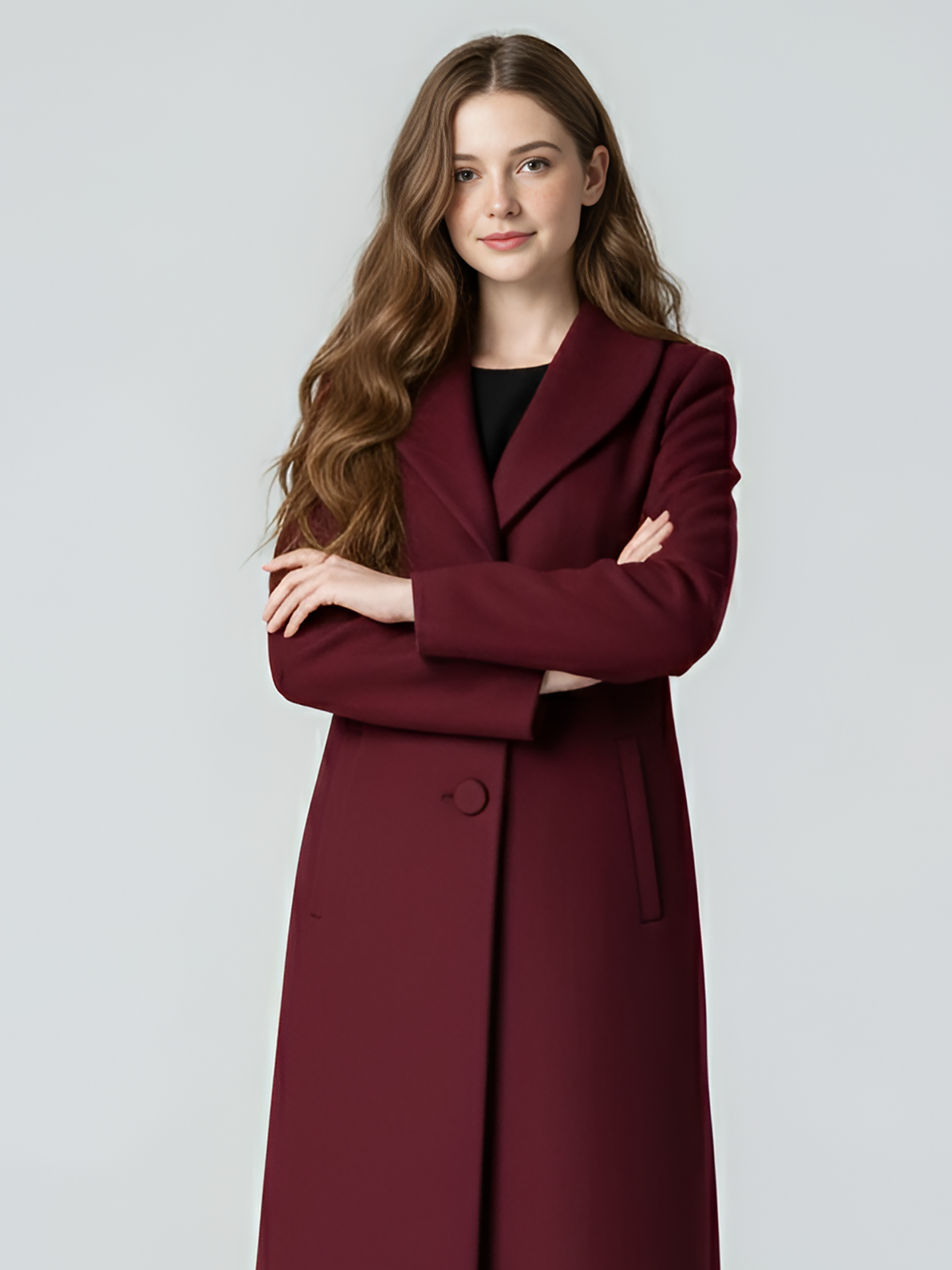 Sophisticated Burgundy Wool Coat – Classic Longline Trench with Tailored Fit | 25T35T4K