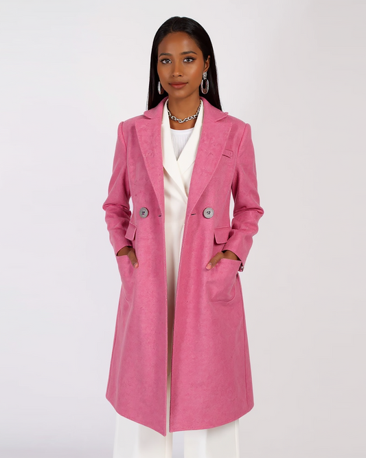 Chic Pink Wool Coat – Trendy Longline Coat with Double-Breasted Design | 25T35T5C
