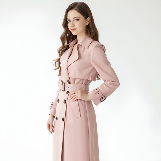 Blush Pink Wool-Blend Trench Coat – Chic Double-Breasted Outerwear with Belted Waist | 25T35T6H
