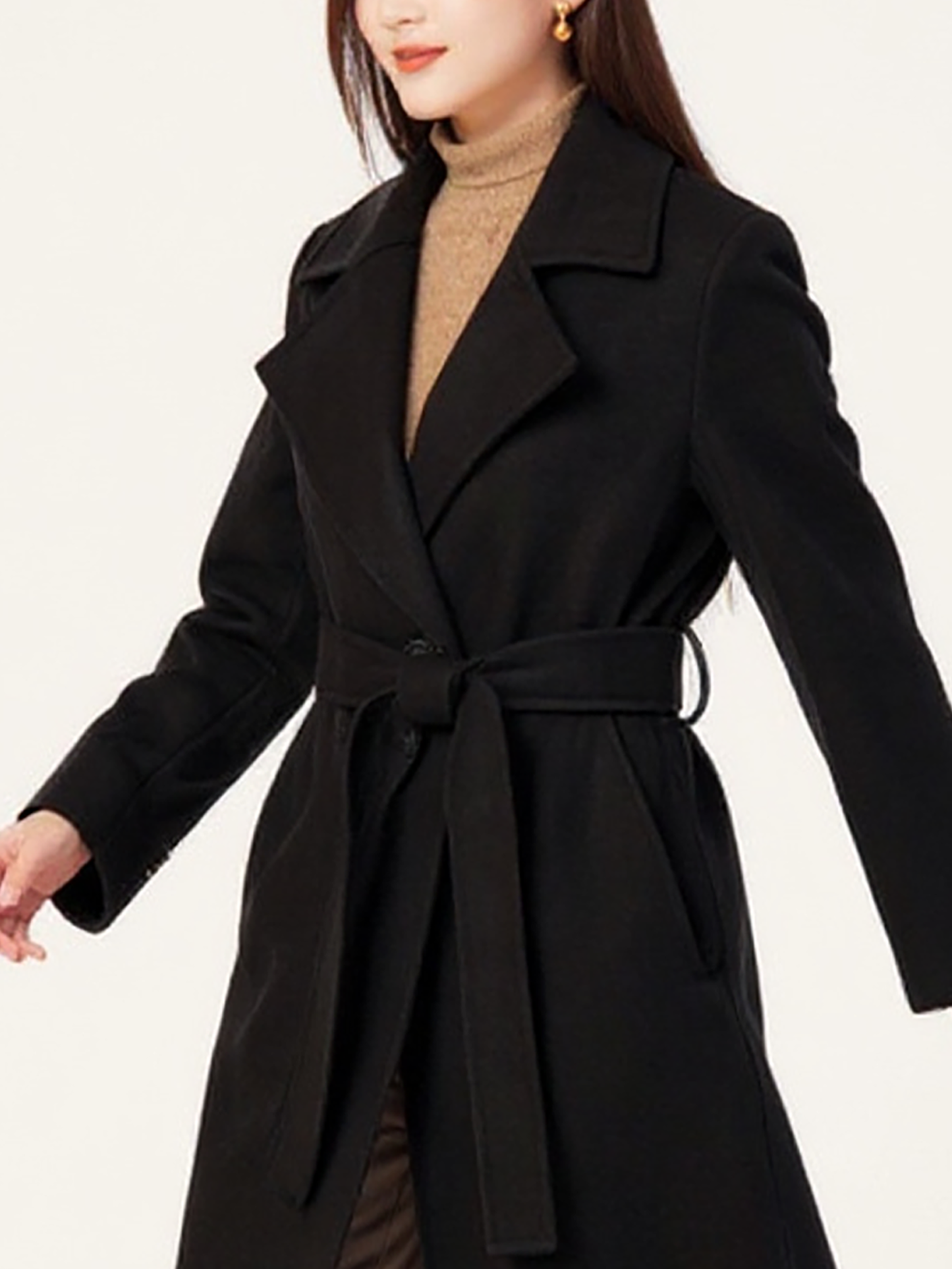 Classic Black Wool Trench Coat – Sophisticated Belted Outerwear with Wide Lapels | 25T35T6T