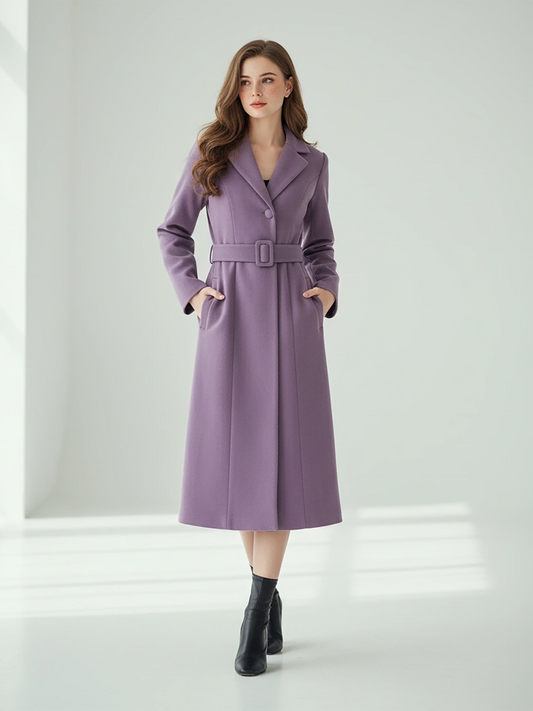 Lavender Wool Long Coat – Chic Belted Trench with Classic Lapels | 25T35T6A