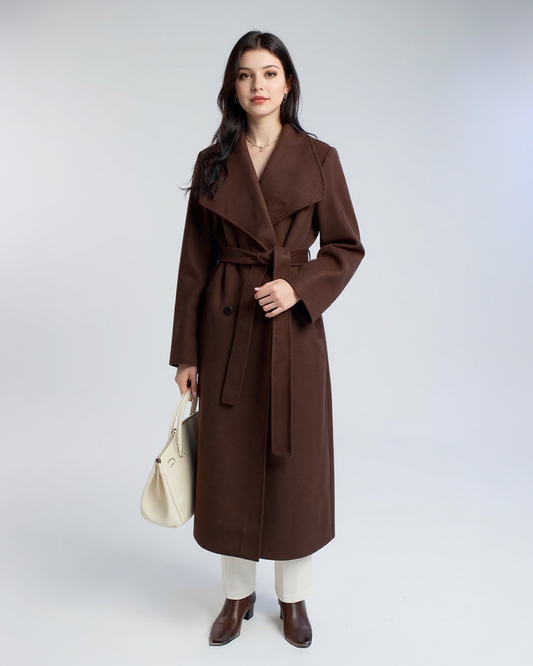 Chocolate Wool Trench Coat – Sophisticated Longline Coat with Belted Waist | 25T35T6C