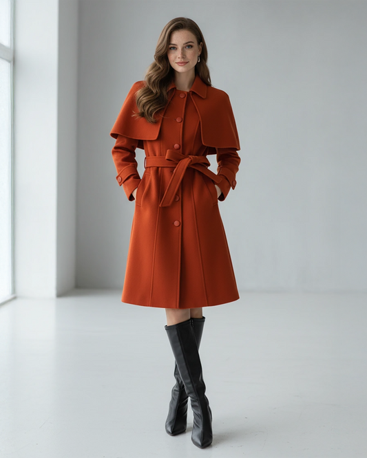 Rust Wool Trench Coat – Sophisticated Belted Overcoat with Cape Detail | 25T35T5N