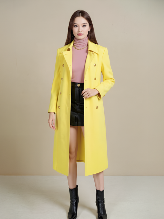 Sunny Yellow Wool Trench Coat – Chic Double-Breasted Outerwear with Tie-Waist | 25T35T4C