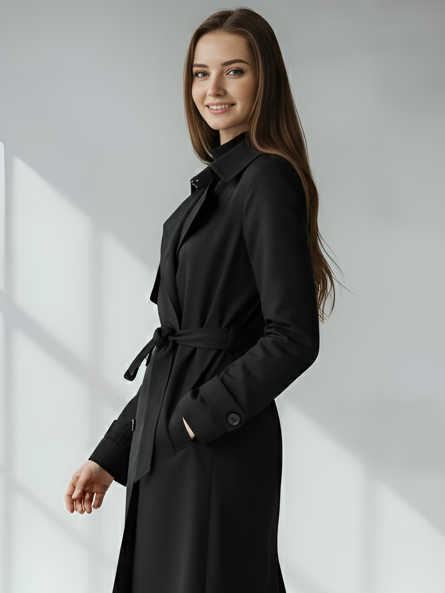 Sleek Black Wool Trench Coat – Classic Double-Breasted Coat with Belted Waist | 25T35T5H