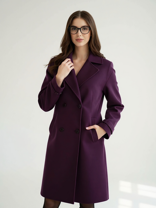 Plum Wool Blend Overcoat – Chic Double-Breasted Outerwear with Classic Lapels | 25T35T6Y