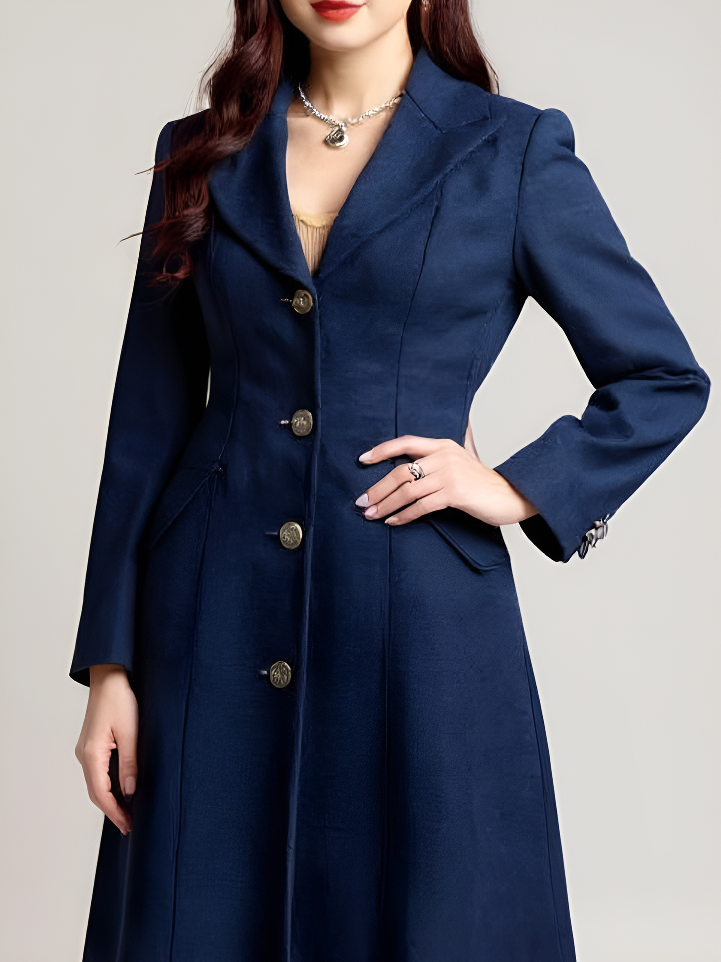 Navy Wool-Blend Blazer Dress – Chic Tailored Coat Dress with Statement Buttons | 25T35T5E