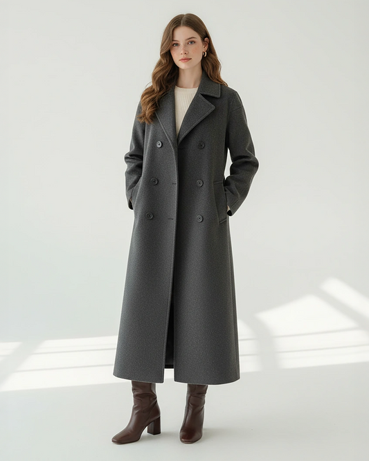 Charcoal Wool Blend Overcoat – Sophisticated Double-Breasted Coat with Longline Silhouette | 25T35T6E