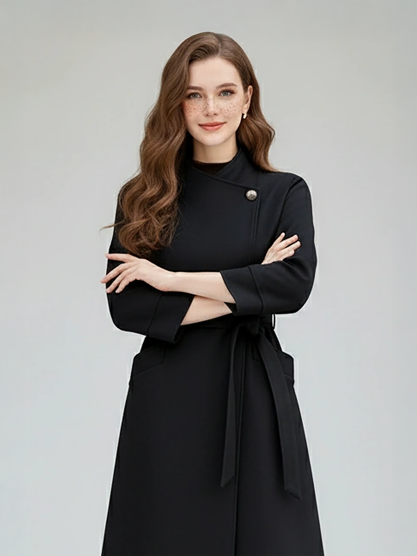 Elegant Black Wool Trench Coat – Chic Longline Coat with Belted Waist and Button Accents | 25T35T5D