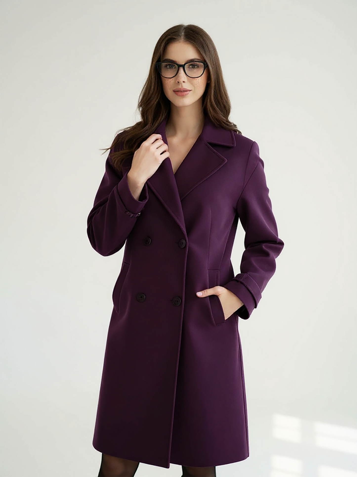 Deep Plum Wool Blend Coat – Sophisticated Double-Breasted Outerwear with Tailored Fit | 25T35T6Y