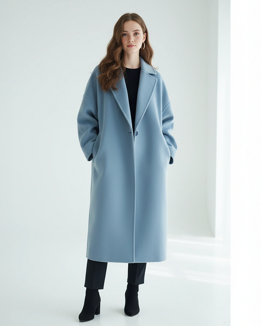 Sky Blue Wool Overcoat – Chic Longline Coat with Single-Button Closure | 25T35T6X