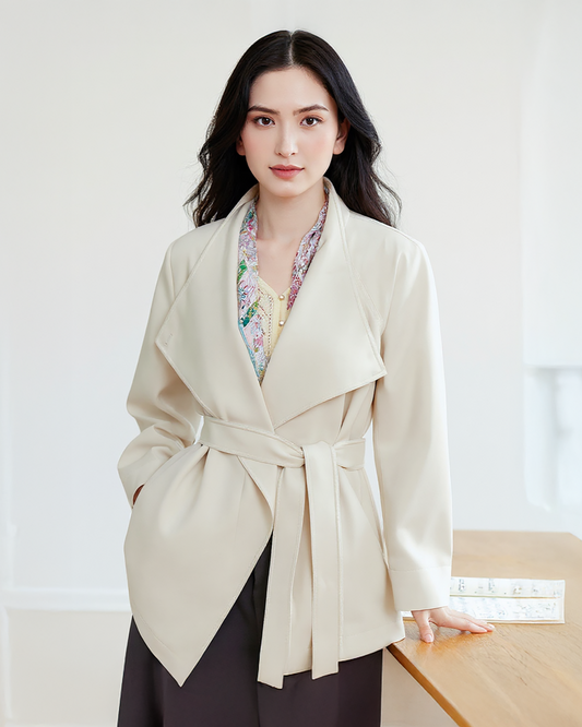 Beige Polyester Trench Coat – Chic Belted Layer with Draped Front | 25T35T6Q