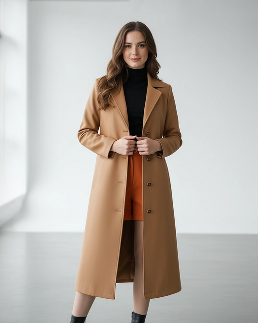 Chic Camel Wool Trench Coat – Sophisticated Long-Length Outerwear with Button Detail | 25T35T6P