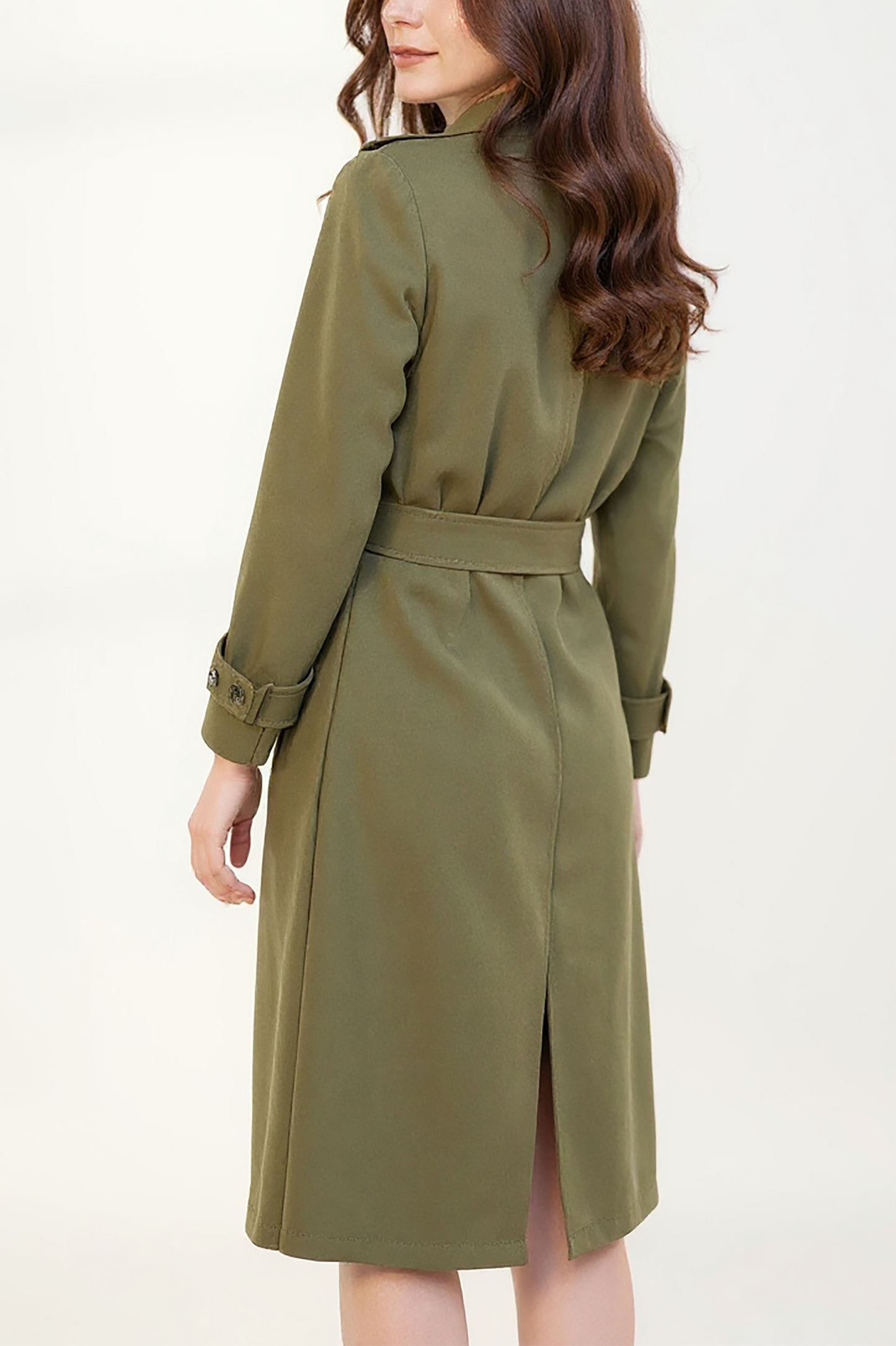Olive Green Wool Blend Trench Coat – Chic Belted Coat with Sleek Silhouette | 25T35T6N