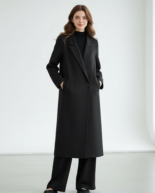 Classic Black Wool Overcoat – Timeless Tailored Long Coat with Notch Lapel | 25T35T5A