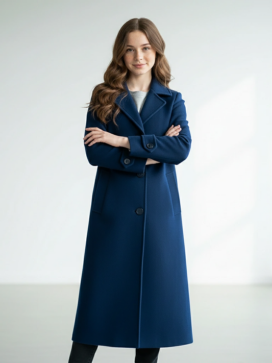 Navy Wool Long Coat – Chic Tailored Outerwear with Single-Breasted Design | 25T35T4N