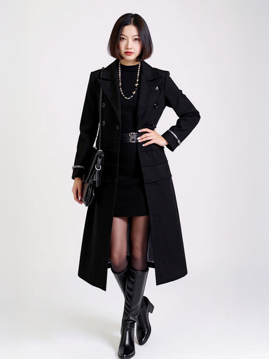 Classic Black Wool Trench Coat – Sophisticated Double-Breasted Coat with Belted Waist | 25T35T4A
