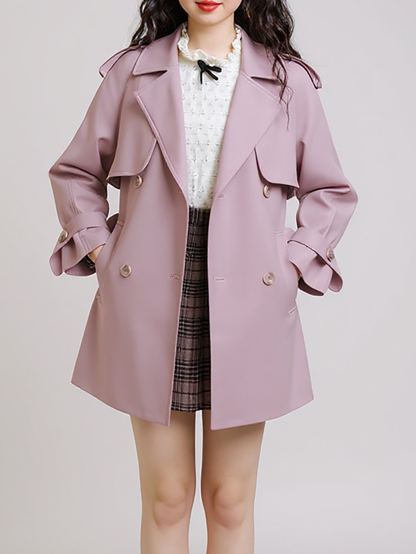 Lilac Trench Coat – Chic Double-Breasted Outerwear with Tie Cuff Details | 25T35T5G