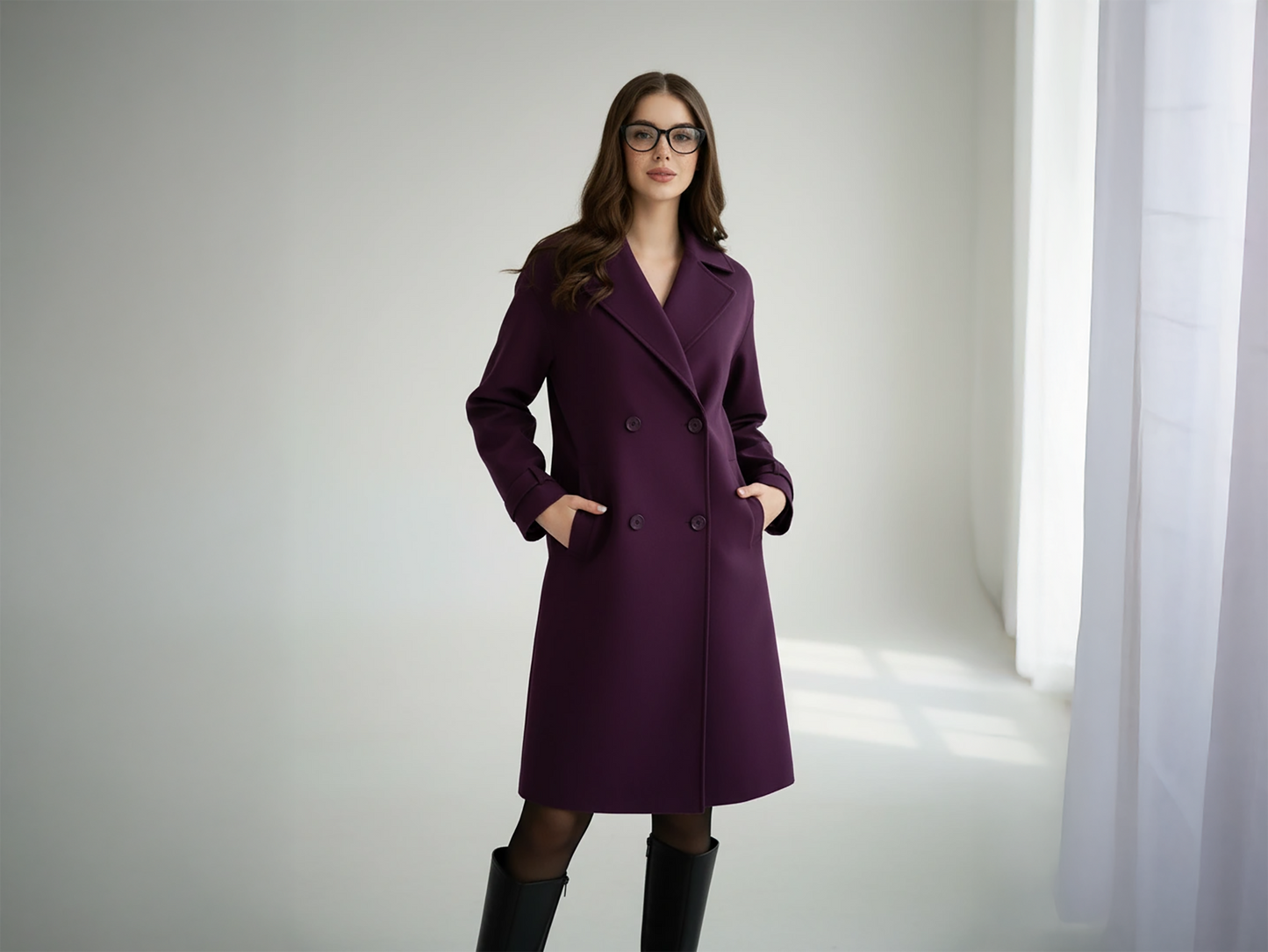 Deep Plum Wool Blend Coat – Sophisticated Double-Breasted Outerwear with Tailored Fit | 25T35T6Y