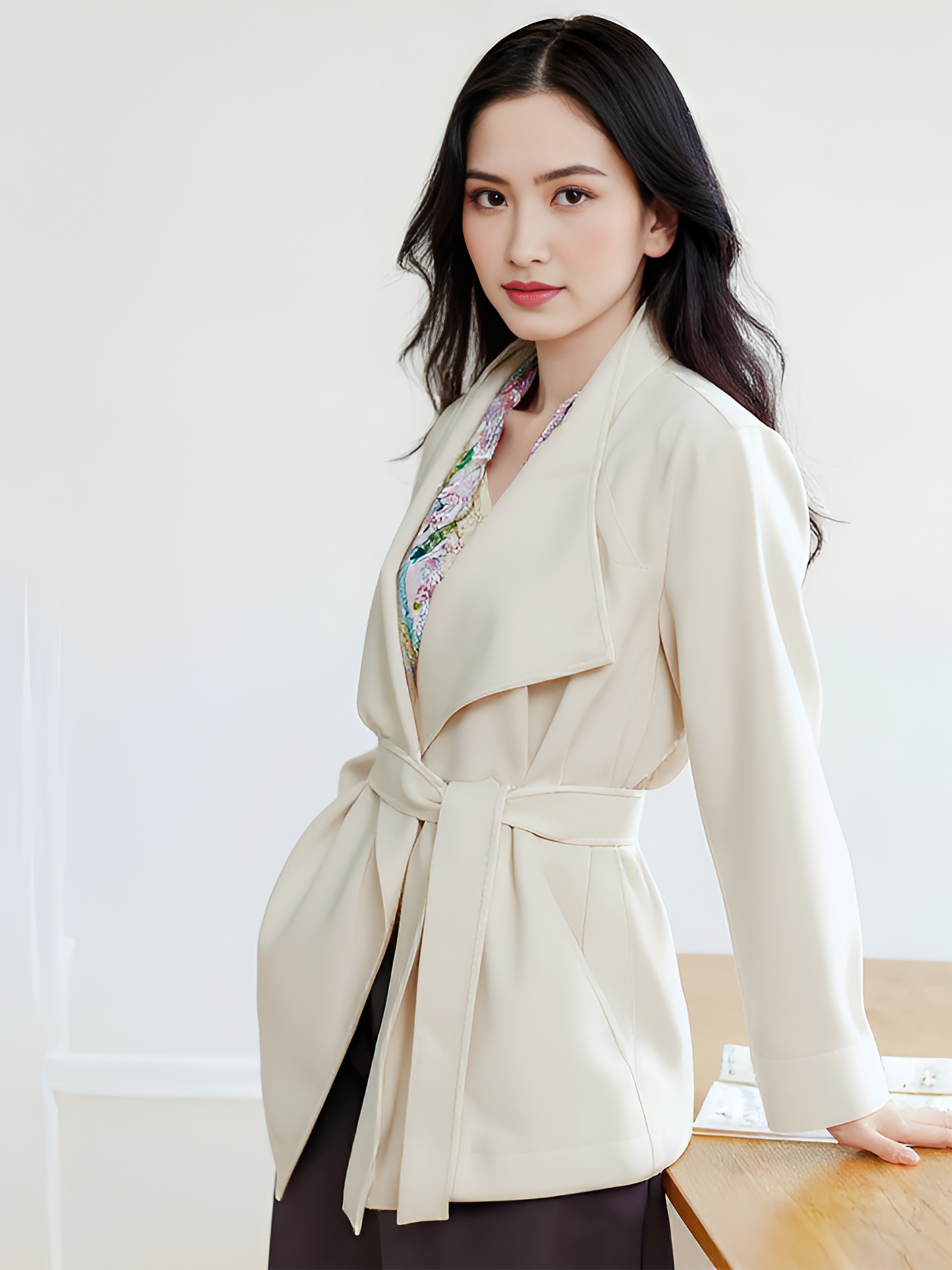 Beige Polyester Trench Coat – Chic Belted Layer with Draped Front | 25T35T6Q