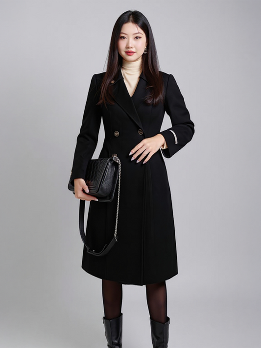 Classic Black Wool Coat – Chic Double-Breasted Overcoat with Tailored Fit | 25T35T4B
