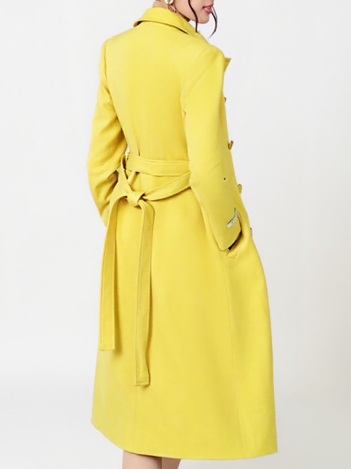 Sunny Yellow Wool Trench Coat – Chic Double-Breasted Outerwear with Tie-Waist | 25T35T4C