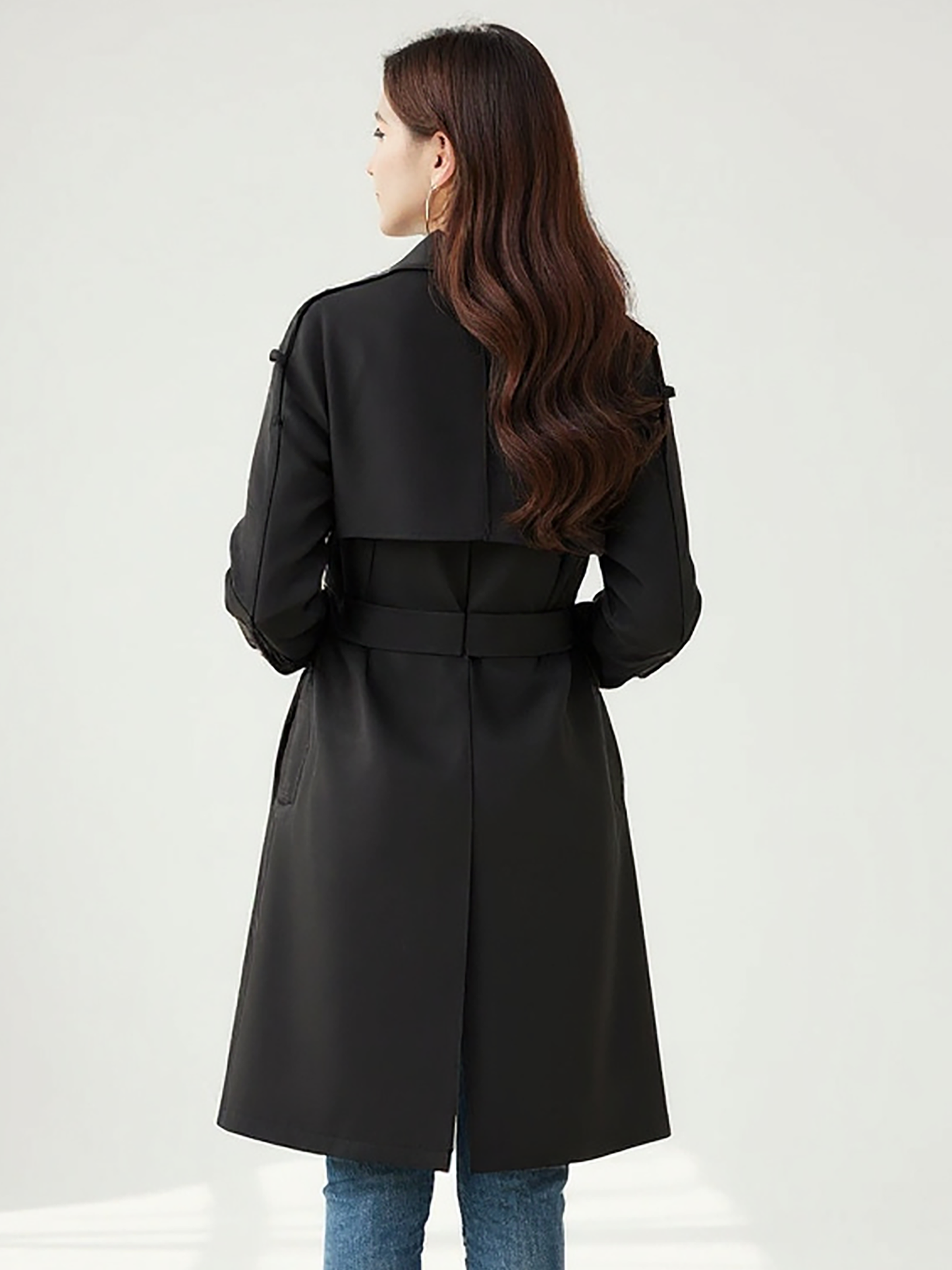 Classic Black Wool Trench Coat – Chic Double-Breasted Outerwear with Elegant Belted Waist | 25T35T6K