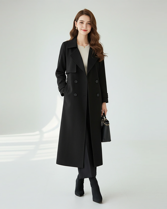 Classic Black Wool Trench Coat – Chic Double-Breasted Outerwear with Elegant Belted Waist | 25T35T6K