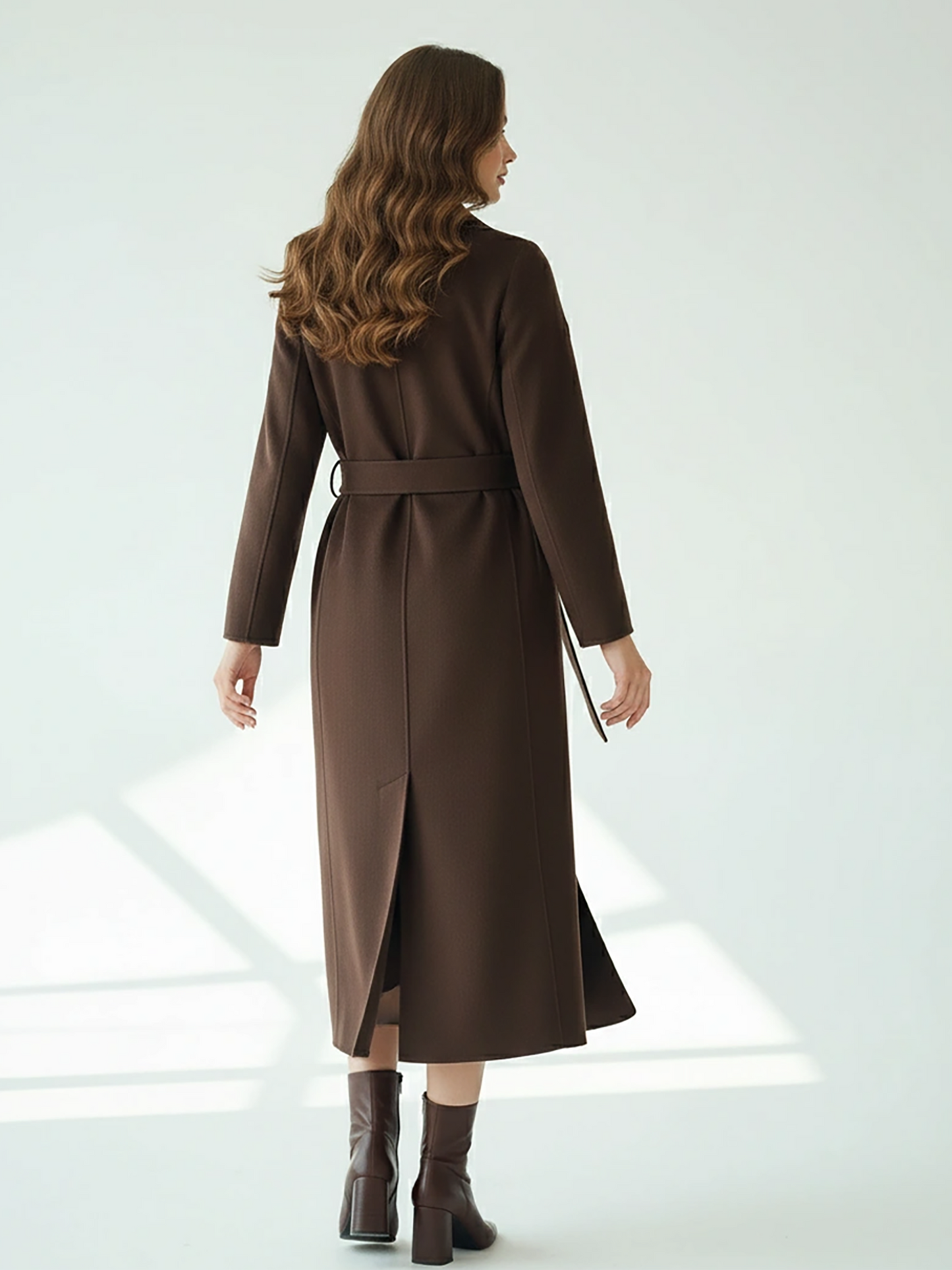 Chic Brown Wool Coat – Sophisticated Longline Wrap Coat with Tailored Fit and Belted Waist | 25T35T6D