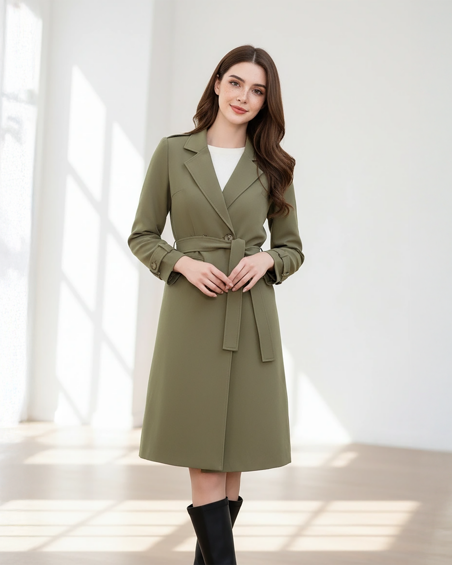 Olive Green Wool Blend Trench Coat – Chic Belted Coat with Sleek Silhouette | 25T35T6N