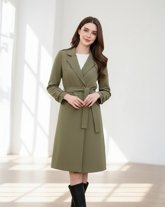 Olive Green Wool Blend Trench Coat – Chic Belted Coat with Sleek Silhouette | 25T35T6N