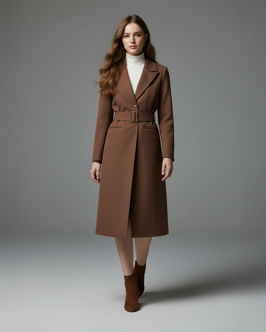 Chic Brown Wool Coat – Formal Belted Longline Outerwear with Notched Lapels | 25T35T6R