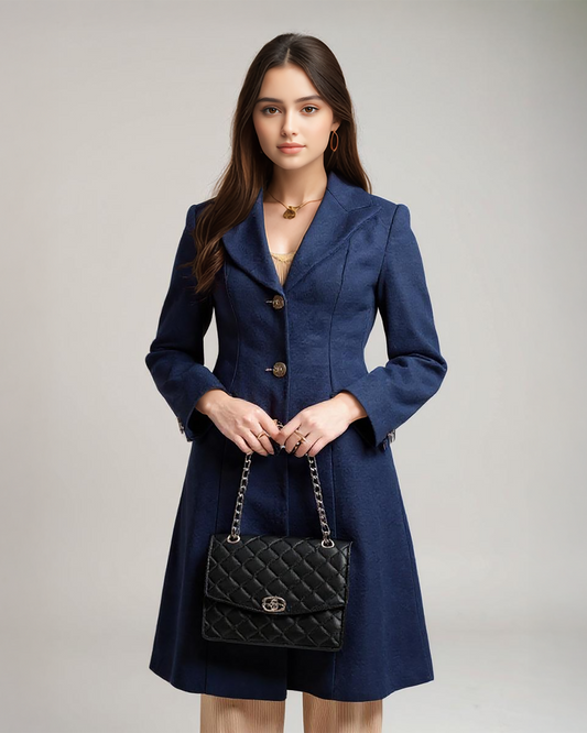 Navy Wool-Blend Blazer Dress – Chic Tailored Coat Dress with Statement Buttons | 25T35T5E