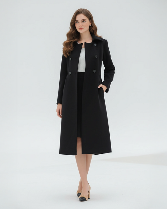 Classic Black Wool Coat – Sophisticated Long Coat with Double-Breasted Design | 25T35T6U