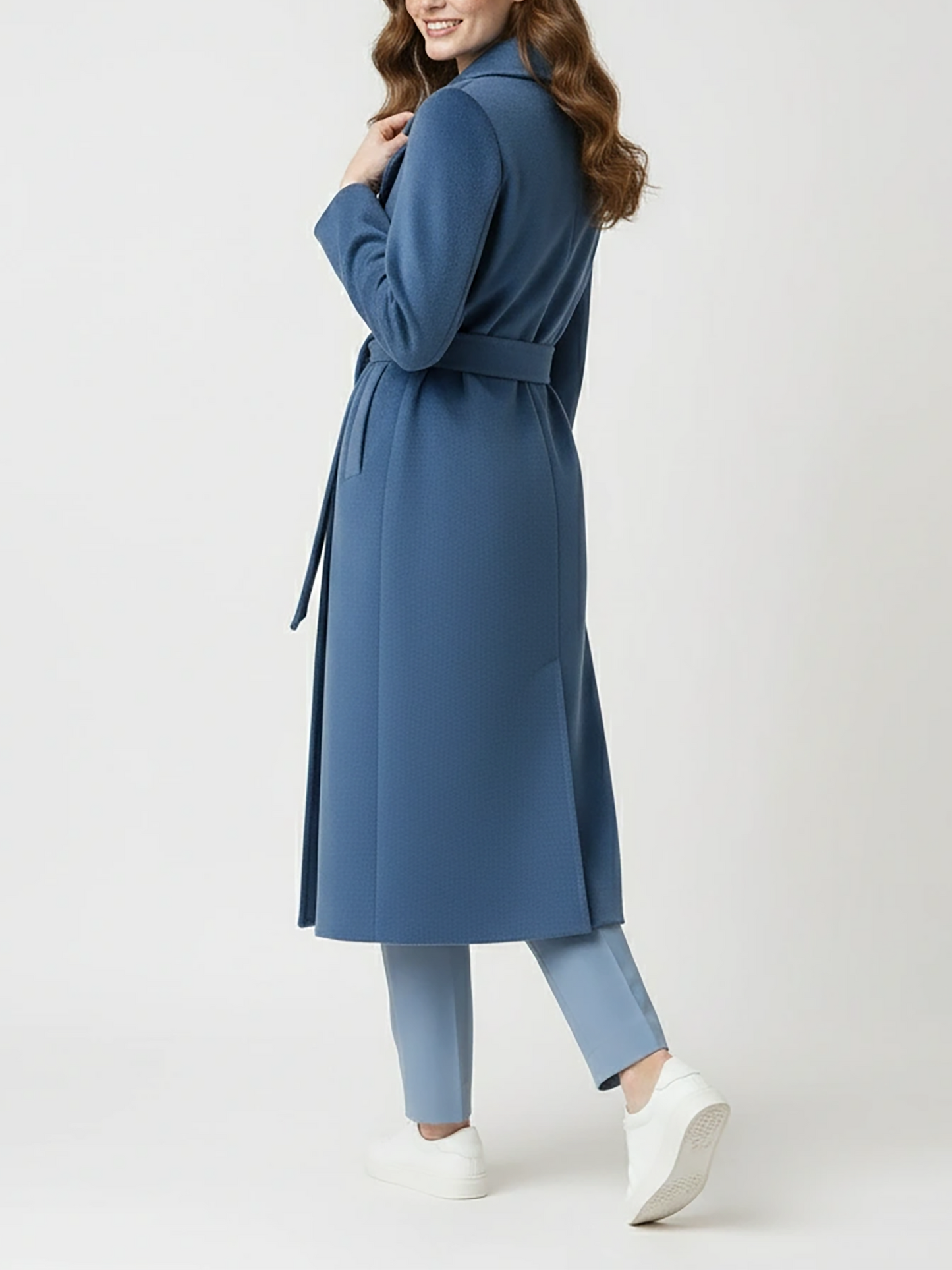 Elegant Blue Wool Wrap Coat – Sophisticated Belted Long Coat with Notched Lapel | 25T35T4G