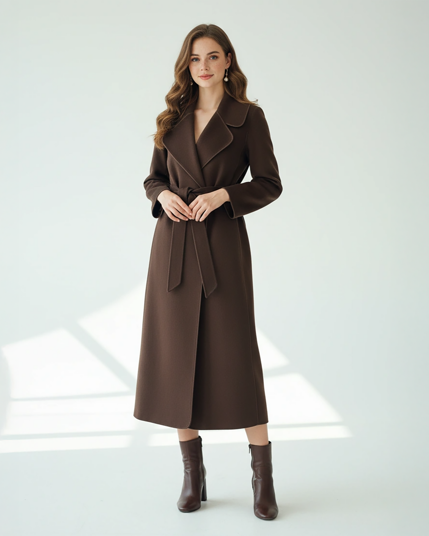 Chic Brown Wool Coat – Sophisticated Longline Wrap Coat with Tailored Fit and Belted Waist | 25T35T6D