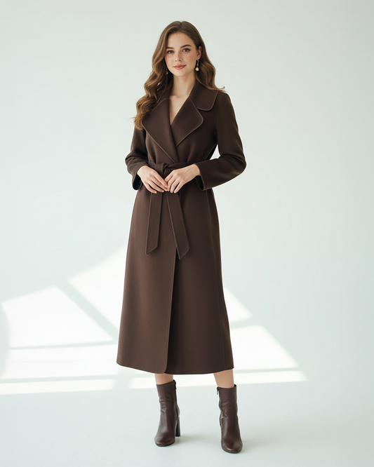 Chic Brown Wool Coat – Sophisticated Longline Wrap Coat with Tailored Fit and Belted Waist | 25T35T6D