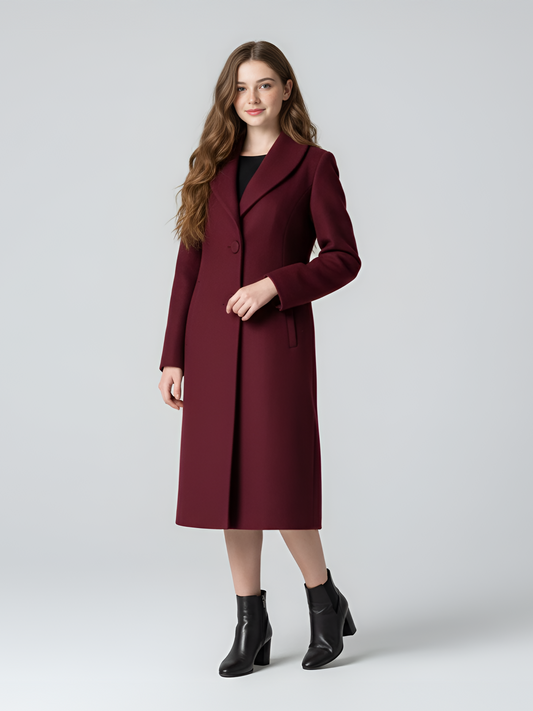 Sophisticated Burgundy Wool Coat – Classic Longline Trench with Tailored Fit | 25T35T4K