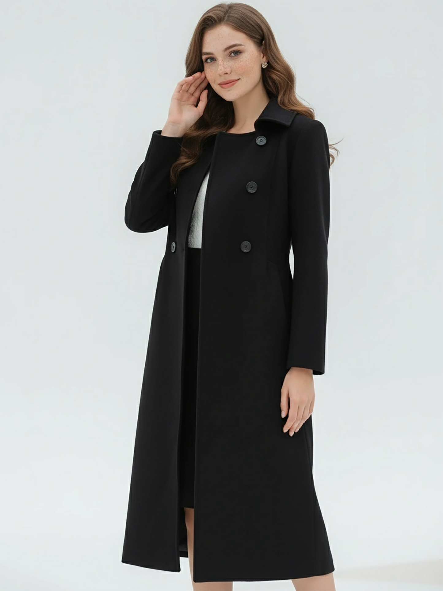 Classic Black Wool Coat – Sophisticated Long Coat with Double-Breasted Design | 25T35T6U