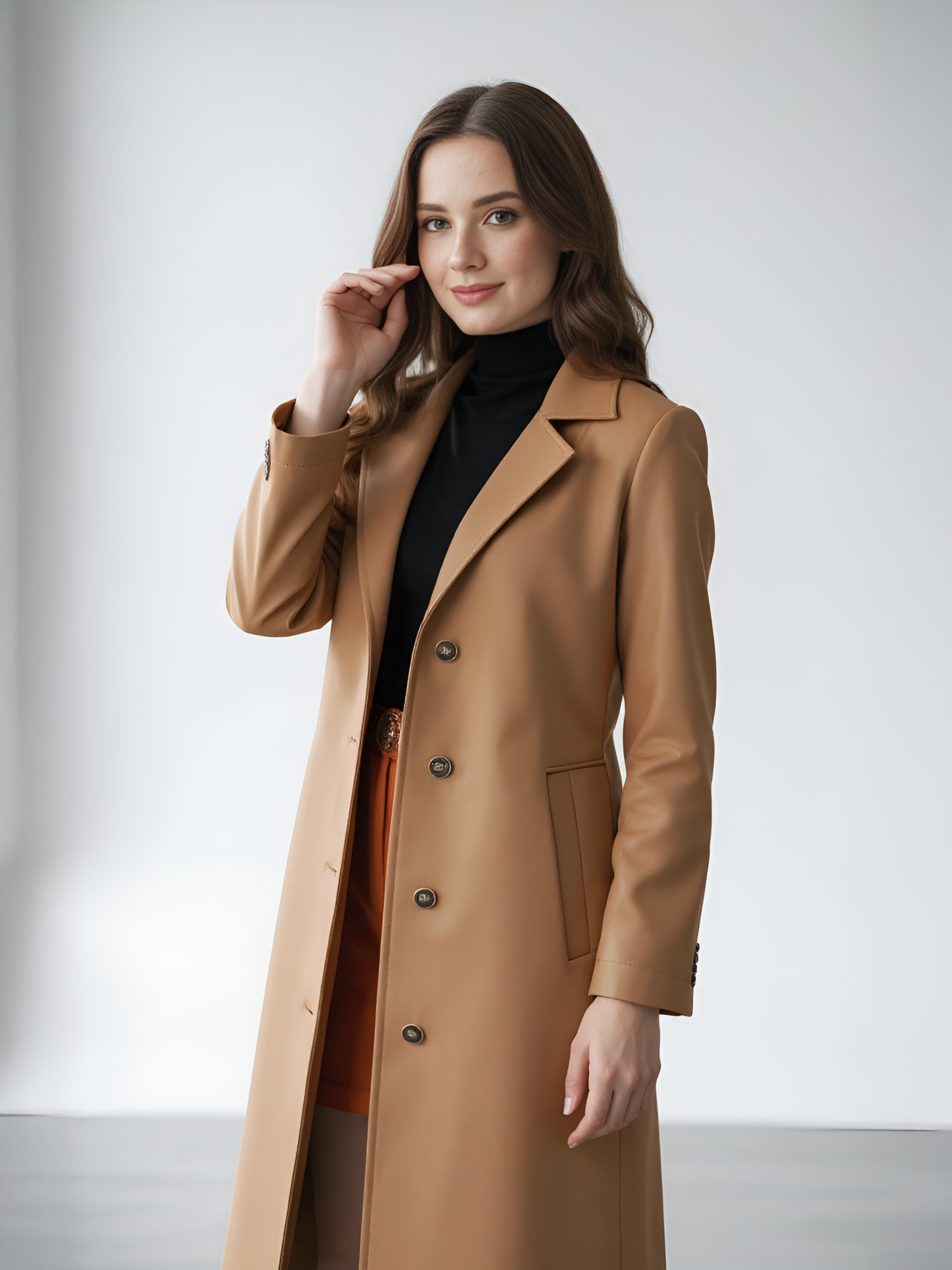 Chic Camel Wool Trench Coat – Sophisticated Long-Length Outerwear with Button Detail | 25T35T6P