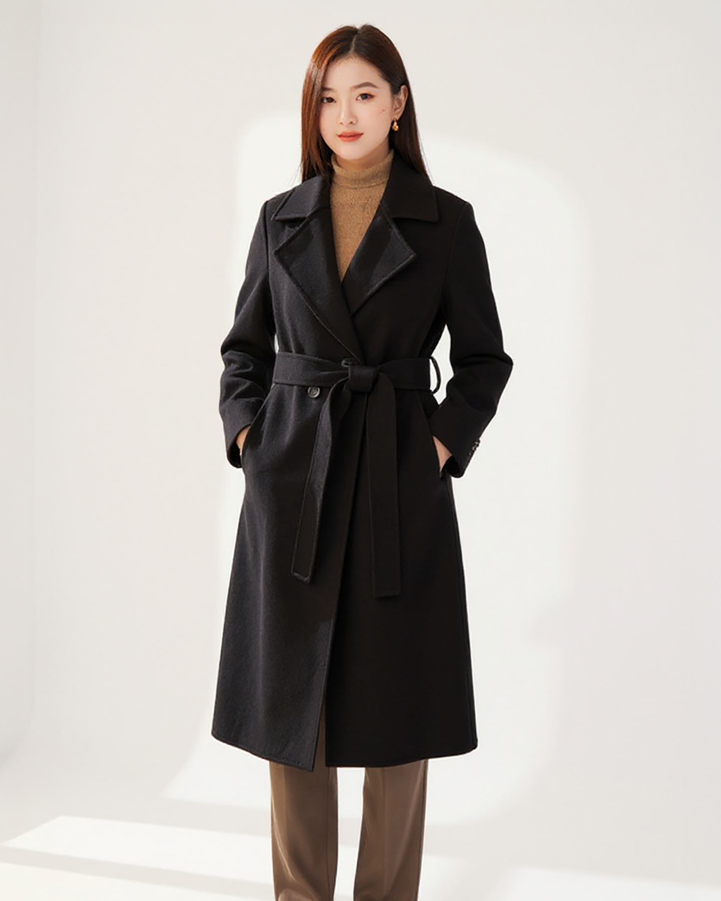 Classic Black Wool Trench Coat – Sophisticated Belted Outerwear with Wide Lapels | 25T35T6T
