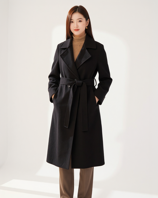 Classic Black Wool Trench Coat – Sophisticated Belted Outerwear with Wide Lapels | 25T35T6T