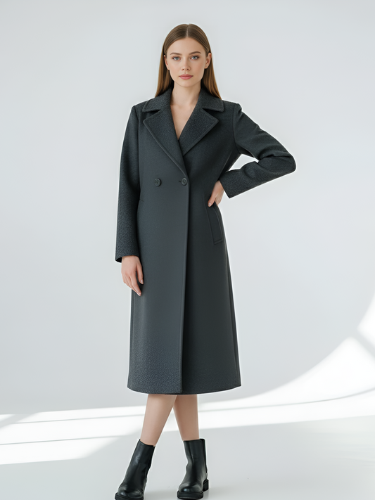 Charcoal Wool Coat – Chic Tailored Longline Coat with Double-Breasted Closure | 25T35T4M