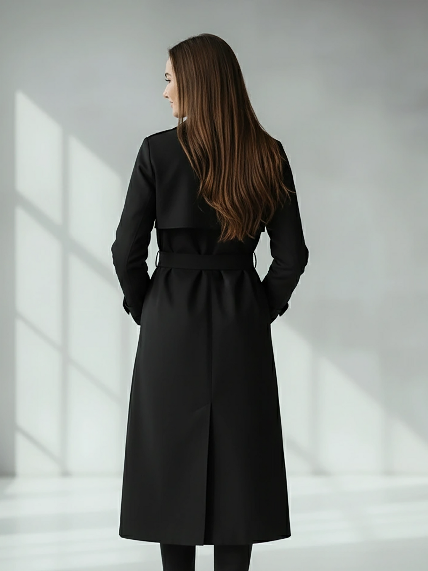 Sleek Black Wool Trench Coat – Classic Double-Breasted Coat with Belted Waist | 25T35T5H