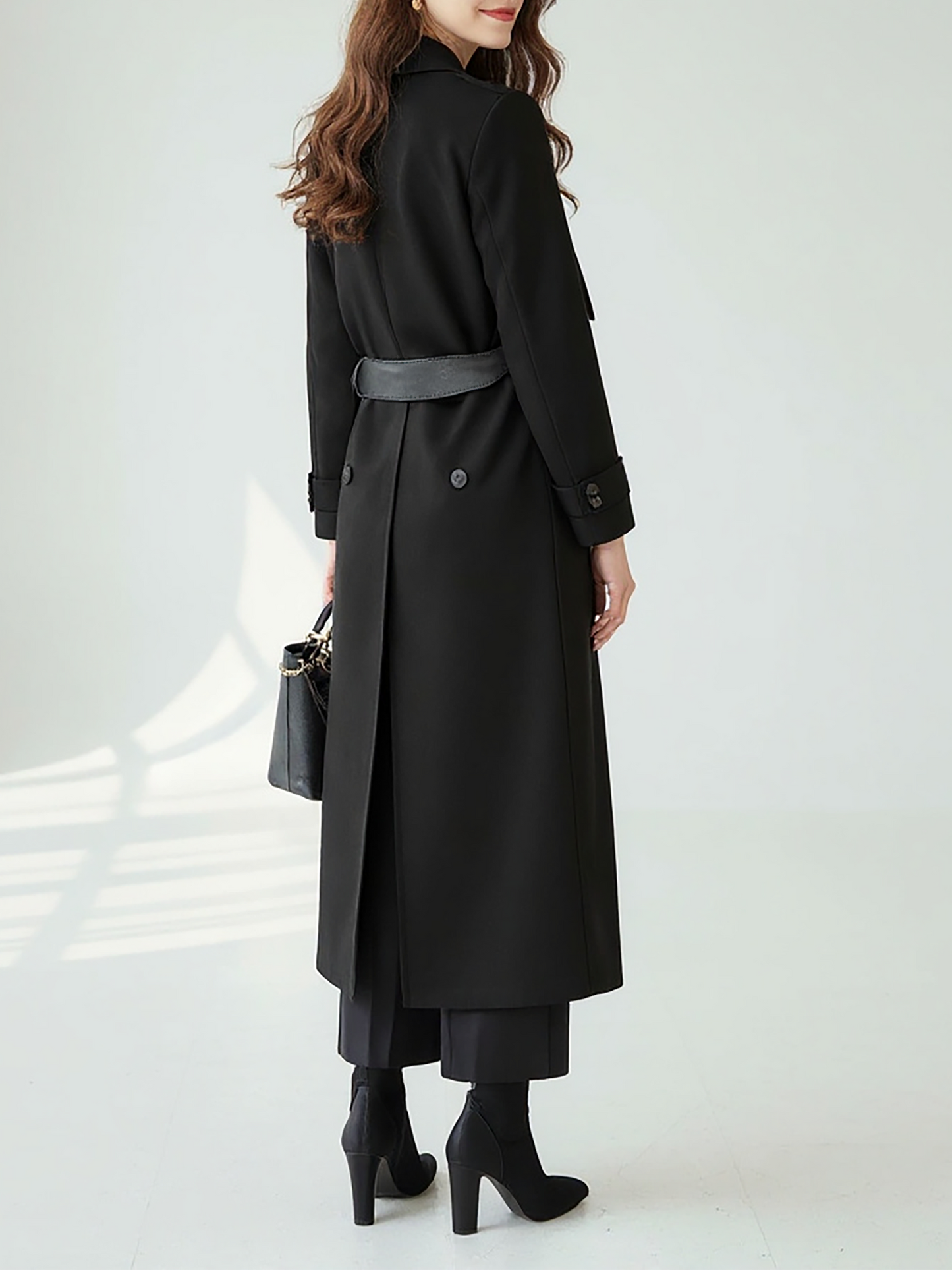 Classic Black Wool Trench Coat – Chic Double-Breasted Coat with Belted Waist | 25T35T6M
