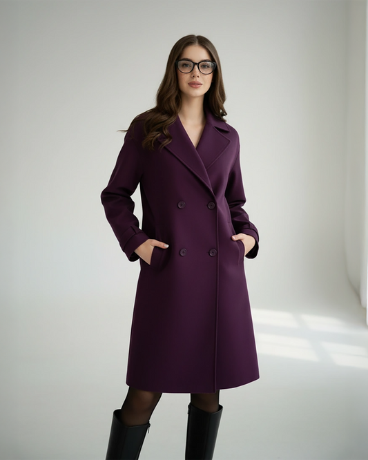 Plum Wool Blend Coat – Chic Double-Breasted Coat with Tailored Fit | 25T35T6Y
