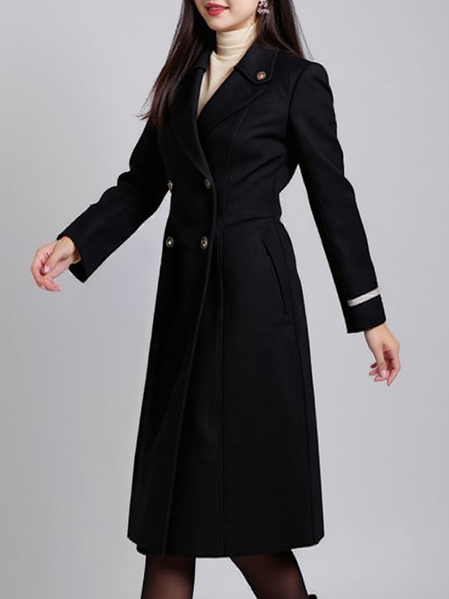 Classic Black Wool Coat – Chic Double-Breasted Overcoat with Tailored Fit | 25T35T4B