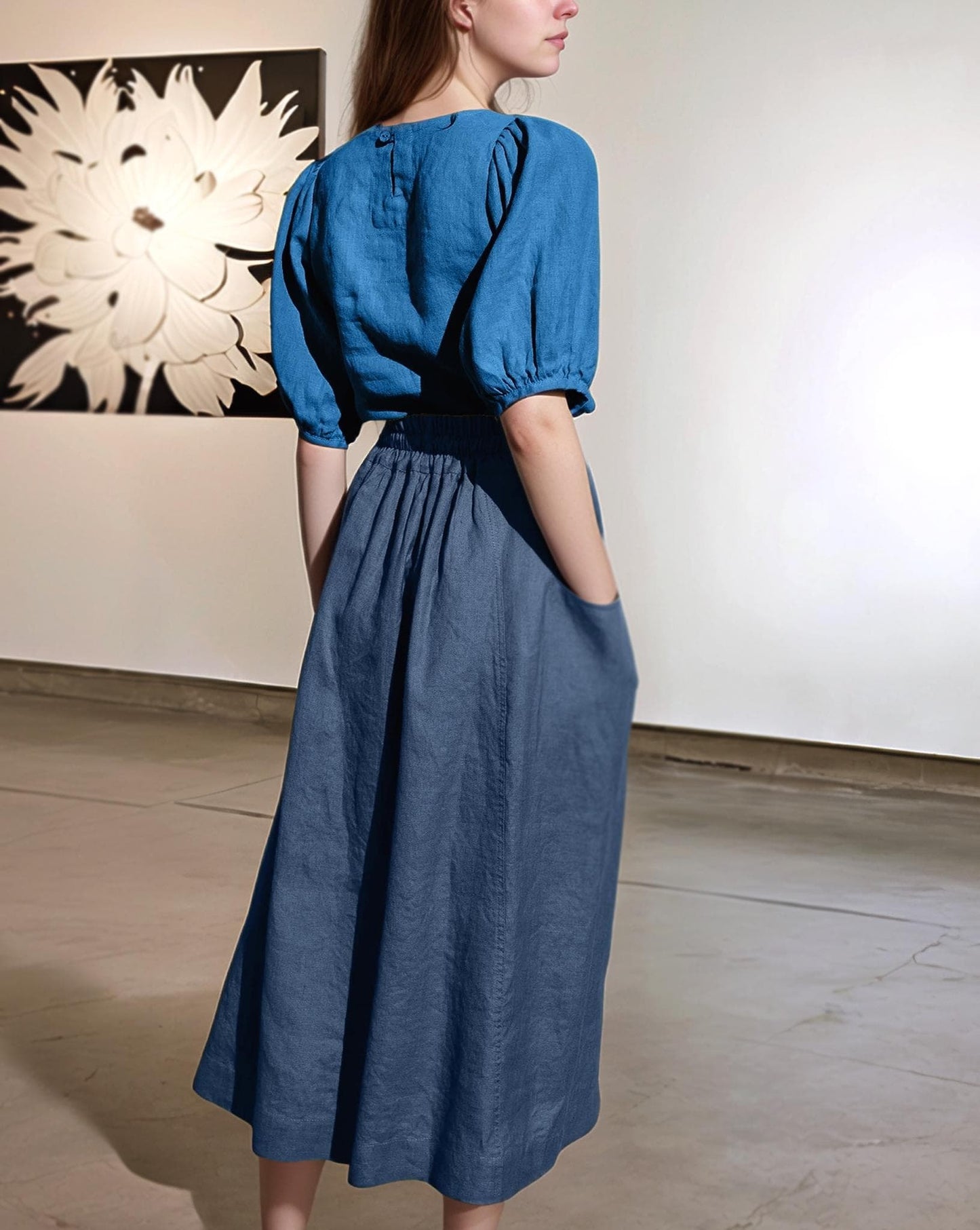 Linen Puff Sleeve Top, High Neck Blouse, Elegant A-line Fit, Button Back Detail, Summer Minimalist Shirt | SKU.25T22T3E