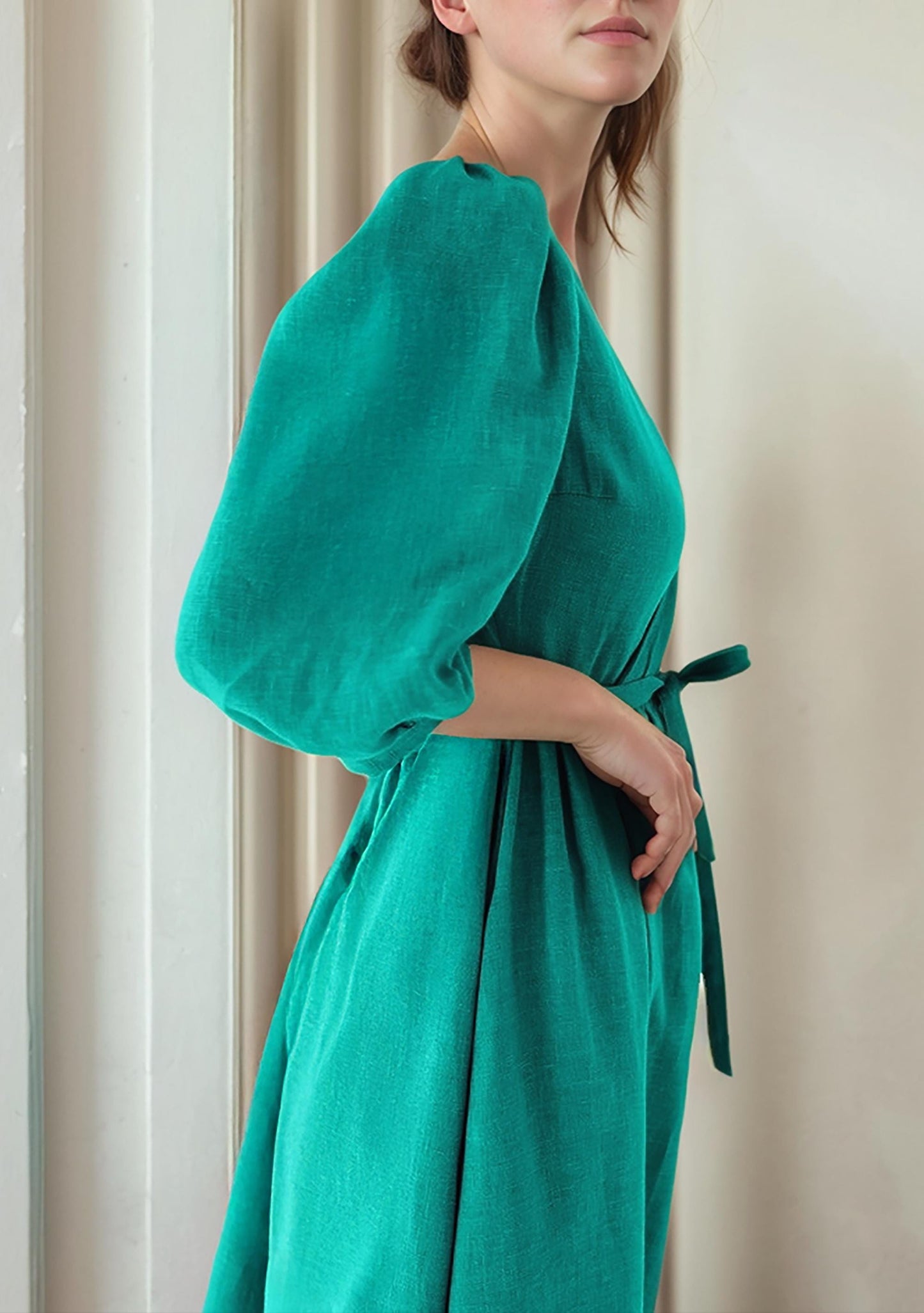 Custom Puff Sleeve Wrap Dress â€“ Linen Blend Midi Dress with Tie Waist, Romantic V-Neck Silhouette | SKU.25T14T3H